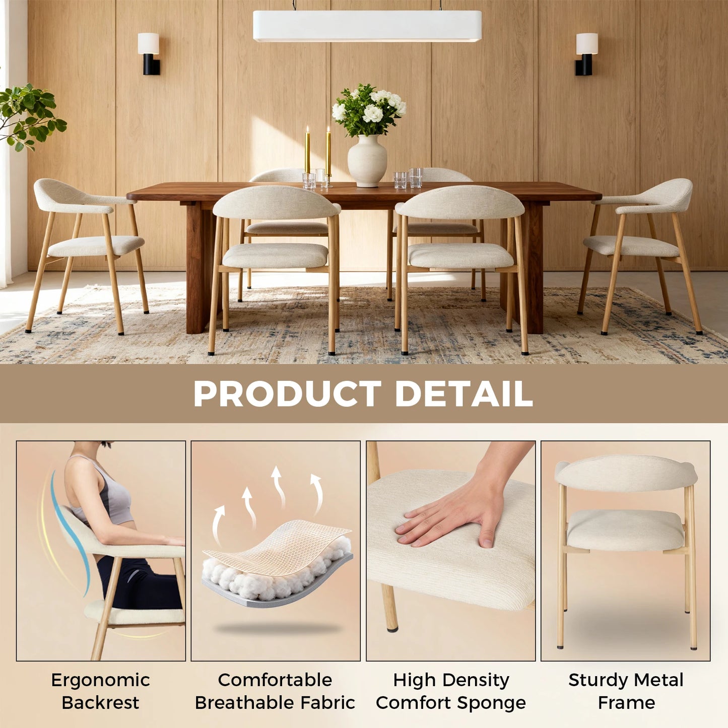 JHK Modern Linen Upholstered Dining Chairs With Curved Backrest