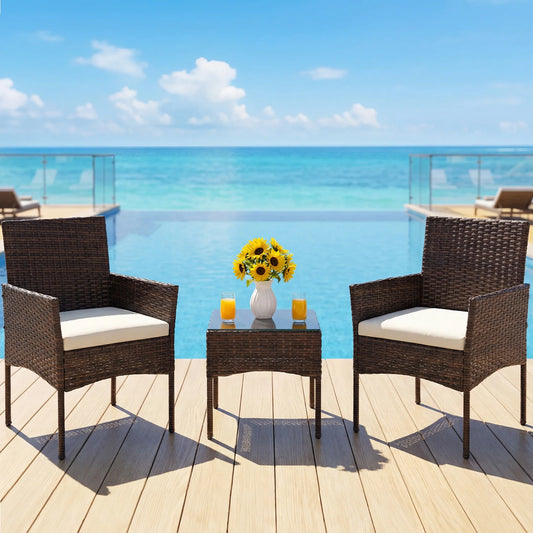 JHK Outdoor Wicker Bistro Set With Glass Table And Cushions