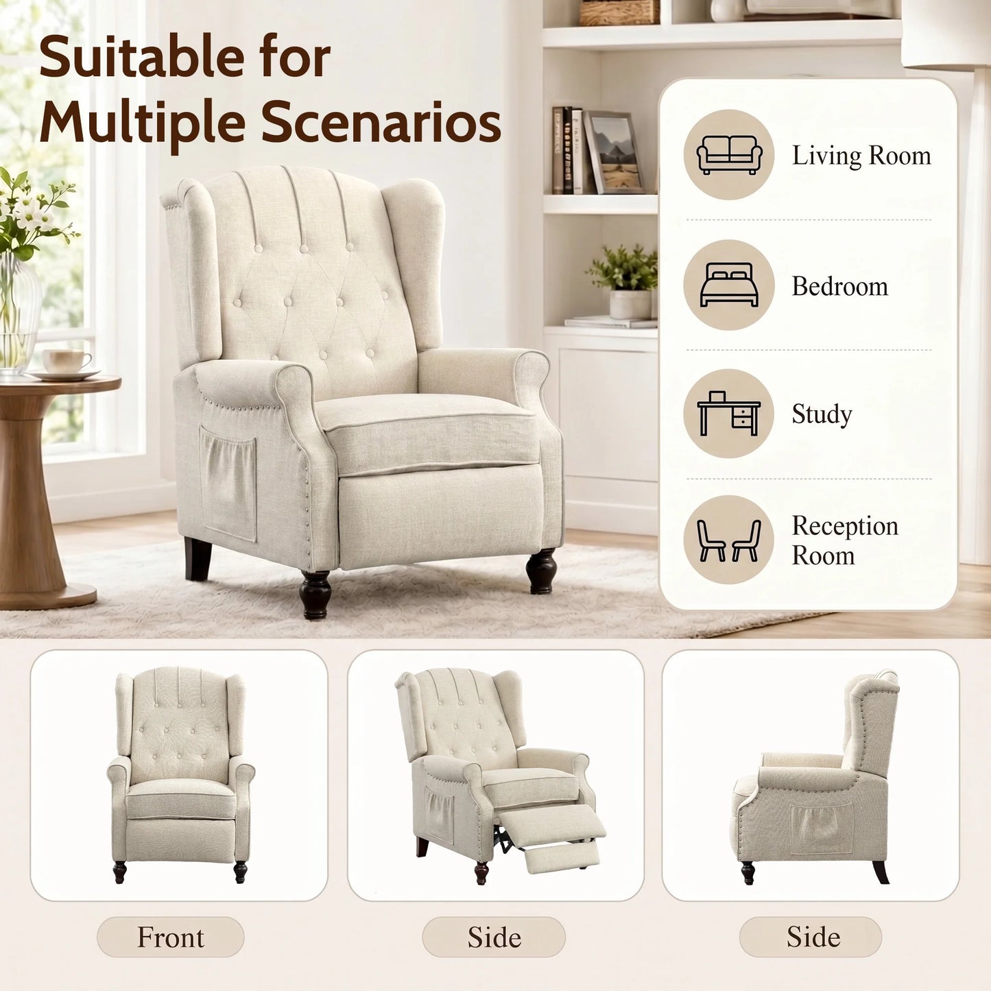 TCGBKAF Mid Century Wingback Massage Heated Recliner With Wooden Legs