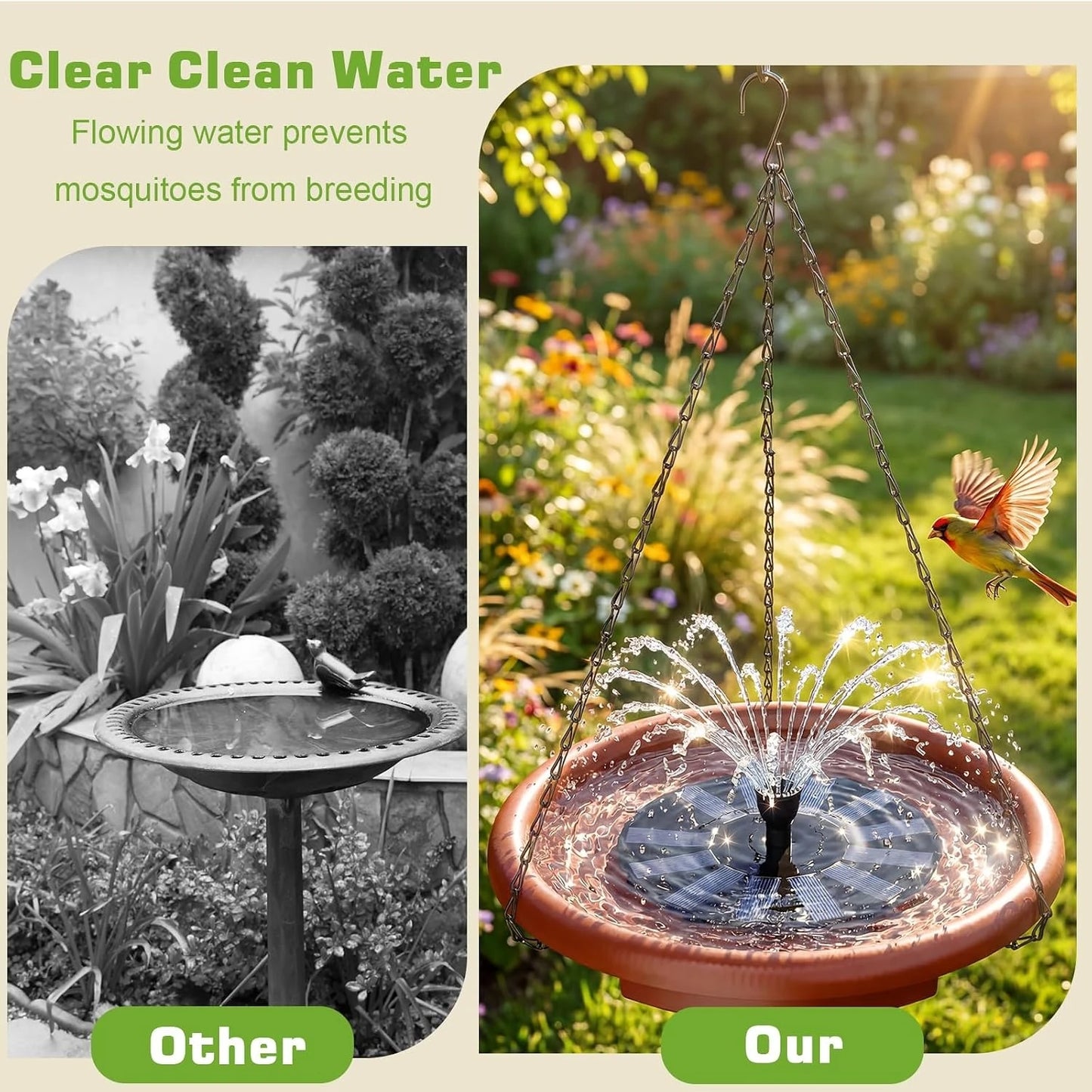 Solar Hanging Bird Bath With Quiet Water Fountain And Steps