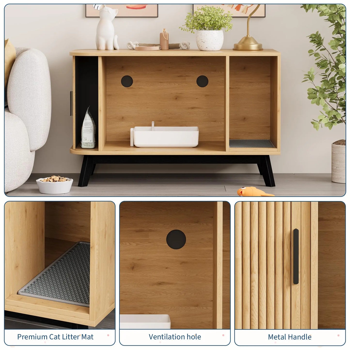 Hidden Litter Enclosure With Ventilated Sliding Door And Storage Cabinet