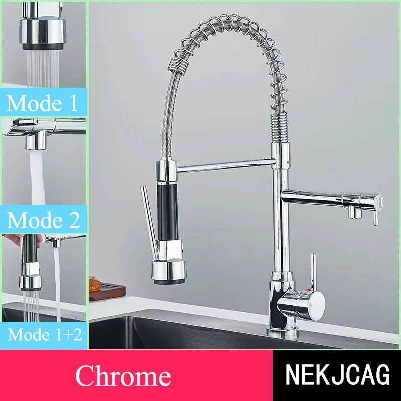 Chrome Kitchen Faucet Spring 360° Pull Down Sprayer Hot Cold Water Mixer Tap Deck Mounted Dual Spout Nozzle Faucets Crane