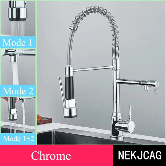 Chrome Kitchen Faucet Spring 360° Pull Down Sprayer Hot Cold Water Mixer Tap Deck Mounted Dual Spout Nozzle Faucets Crane