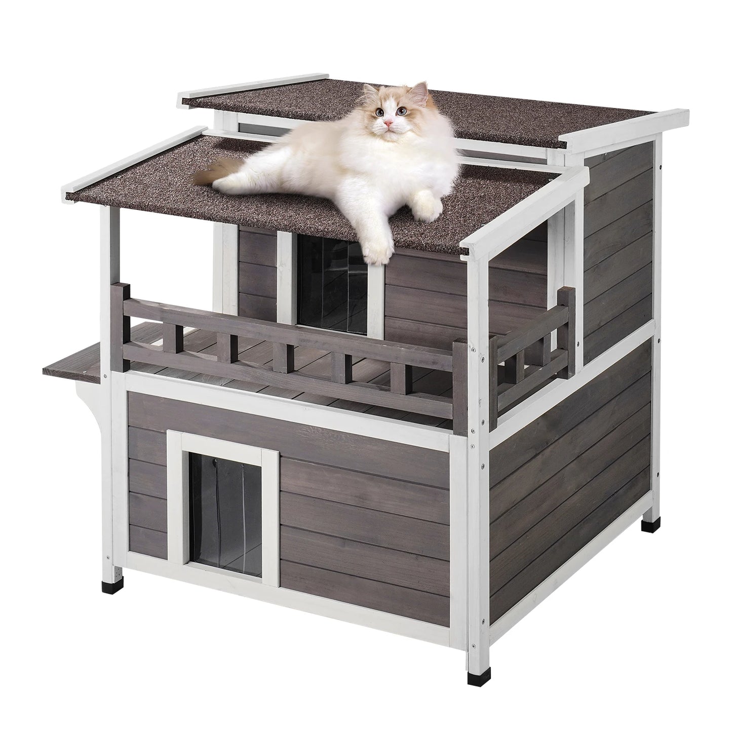 SucceBuy Weatherproof Outdoor Cat House Cedar Shelter With Balcony