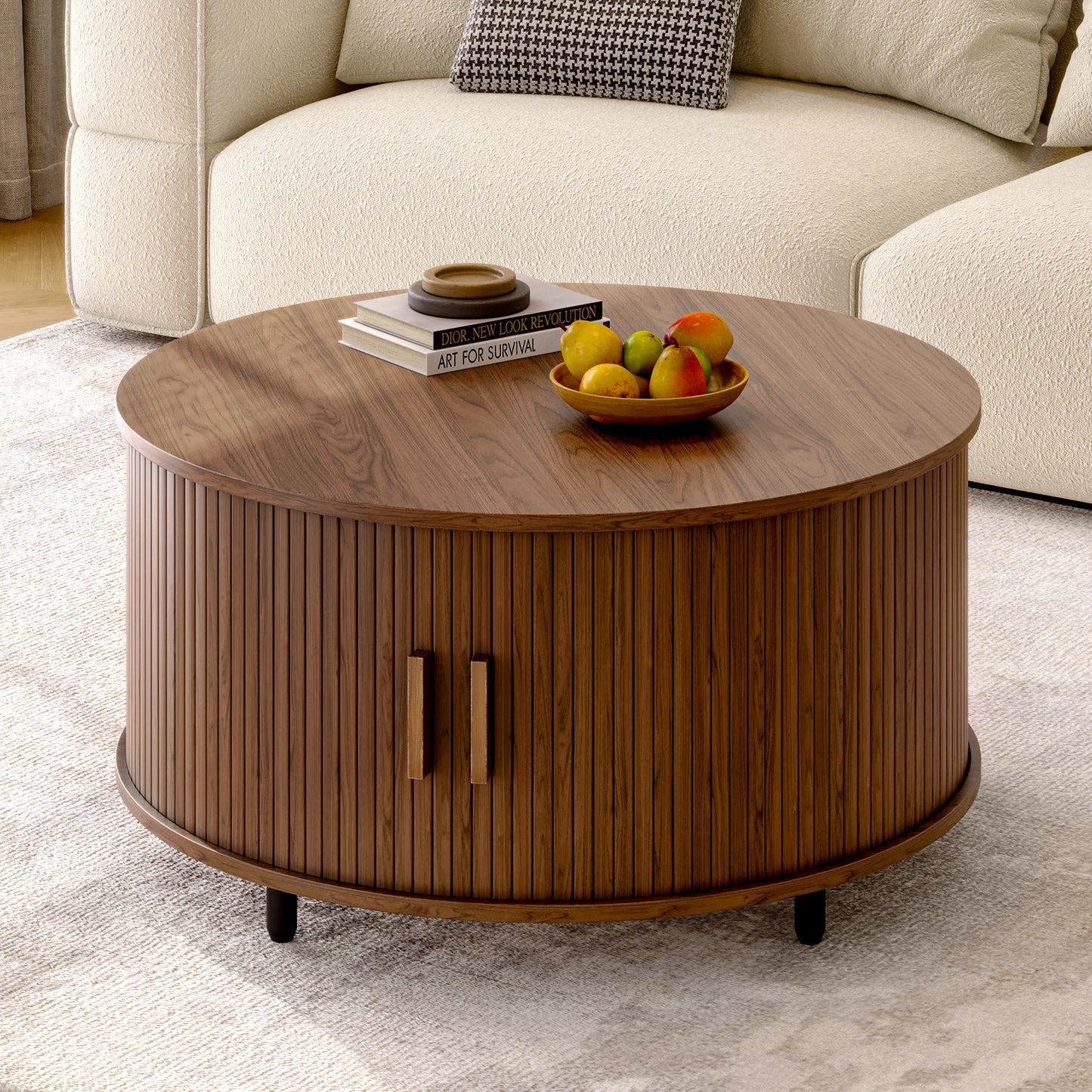 Onbrill Modern Fluted Round Coffee Table Featuring Sliding Storage Door
