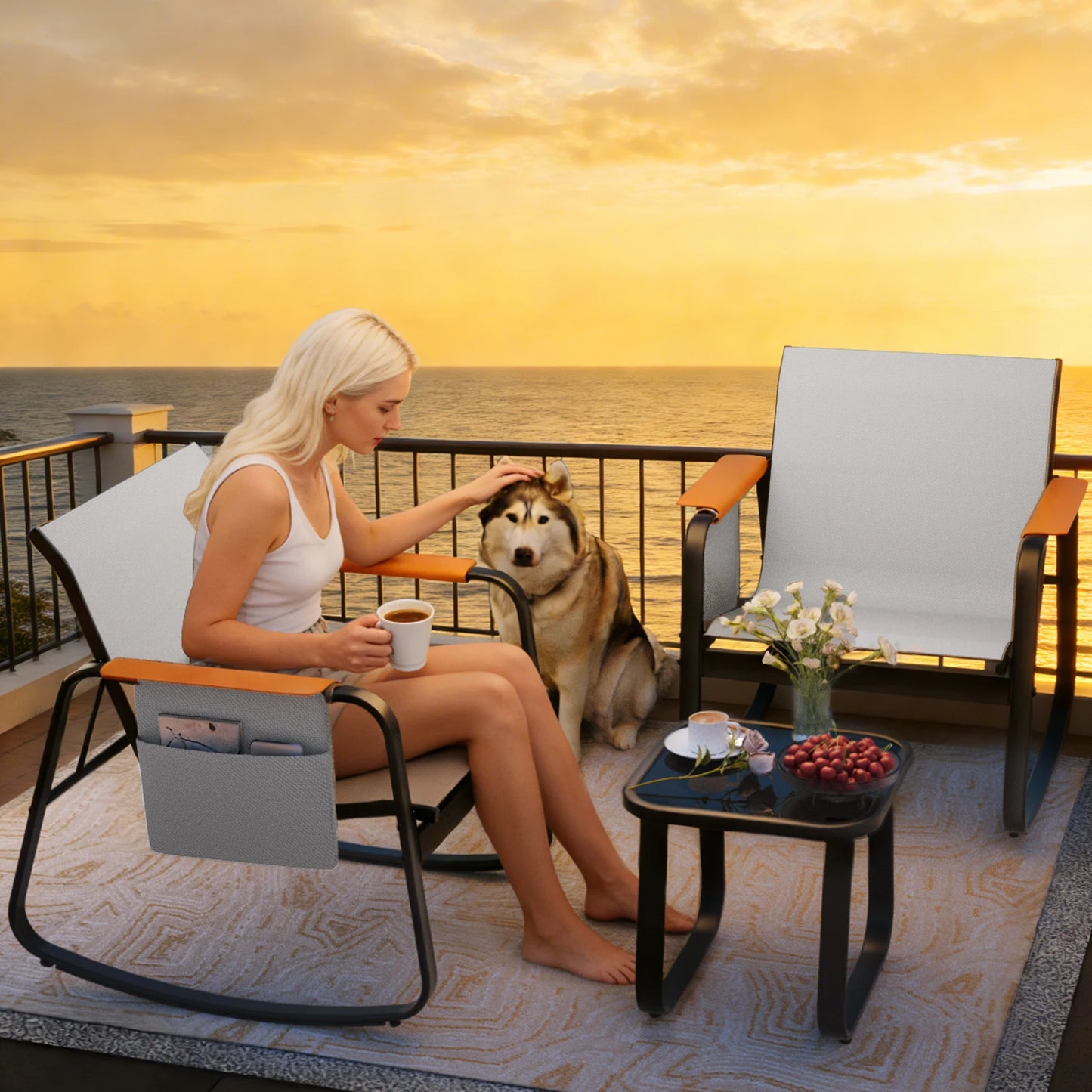 All Weather Bistro Set With Textilene Chairs And Glass Top