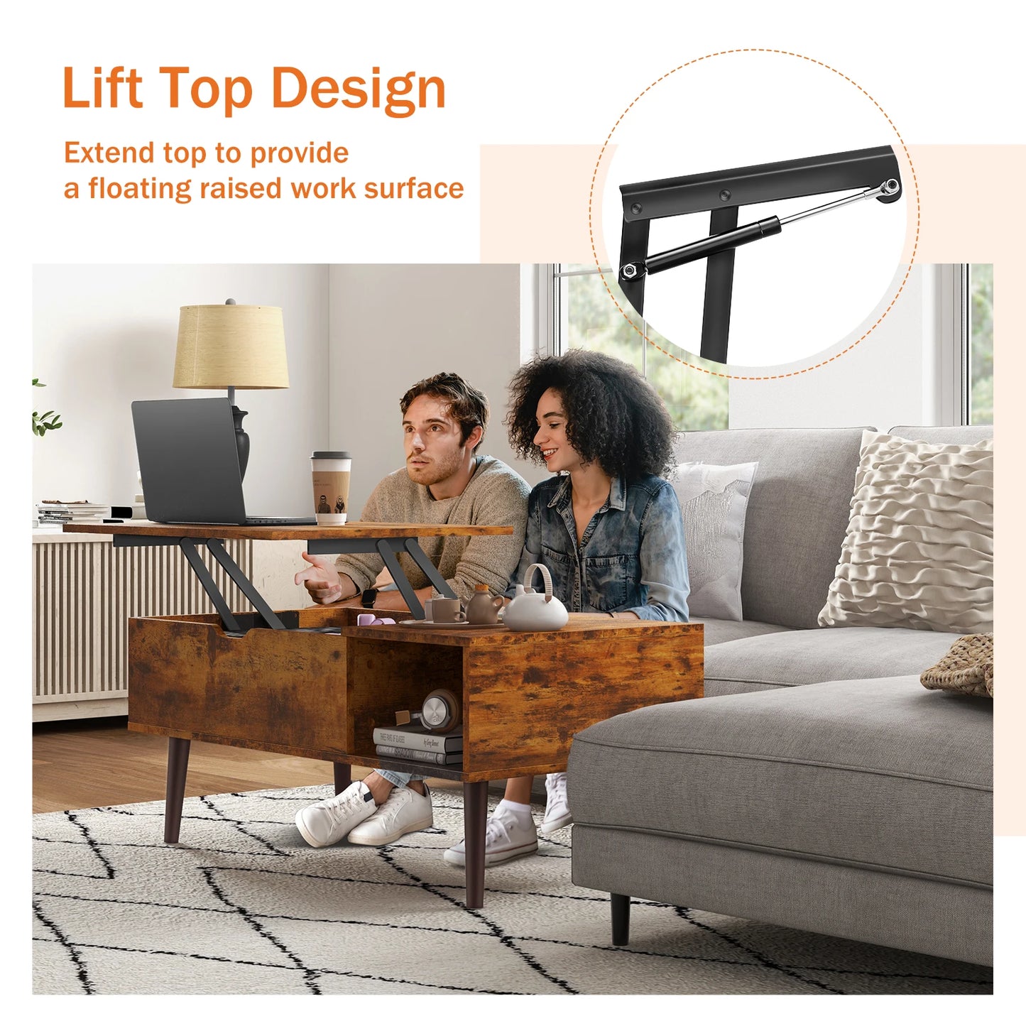 JHK Wood Lift Top Coffee Table Featuring Adjustable Storage Shelf