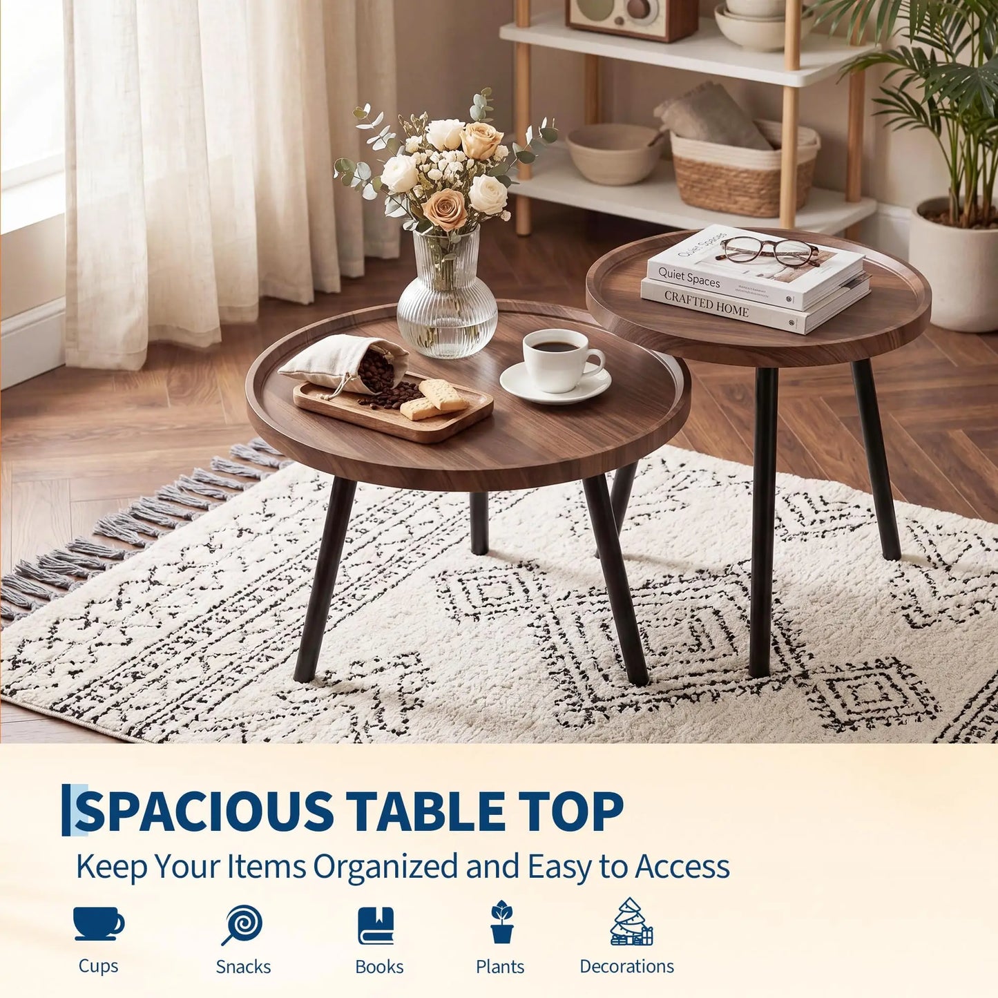 Round Nesting Coffee Table Set With Wood And Metal Frame