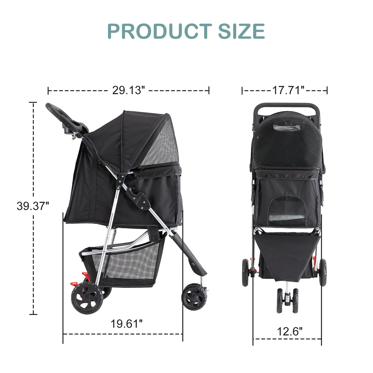 JHK Foldable 3 Wheel Pet Stroller With Basket For Dogs