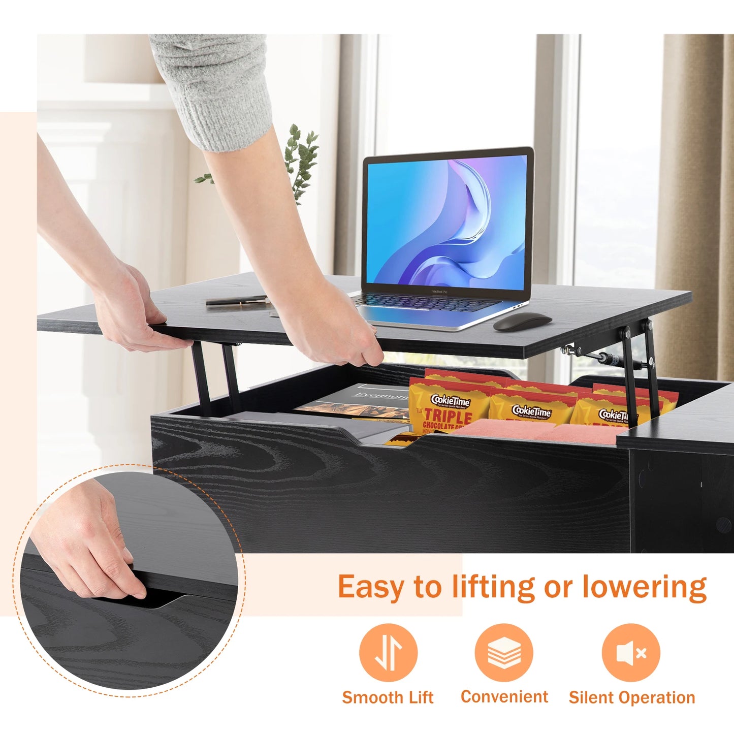 JHK Wood Lift Top Coffee Table Featuring Adjustable Storage Shelf