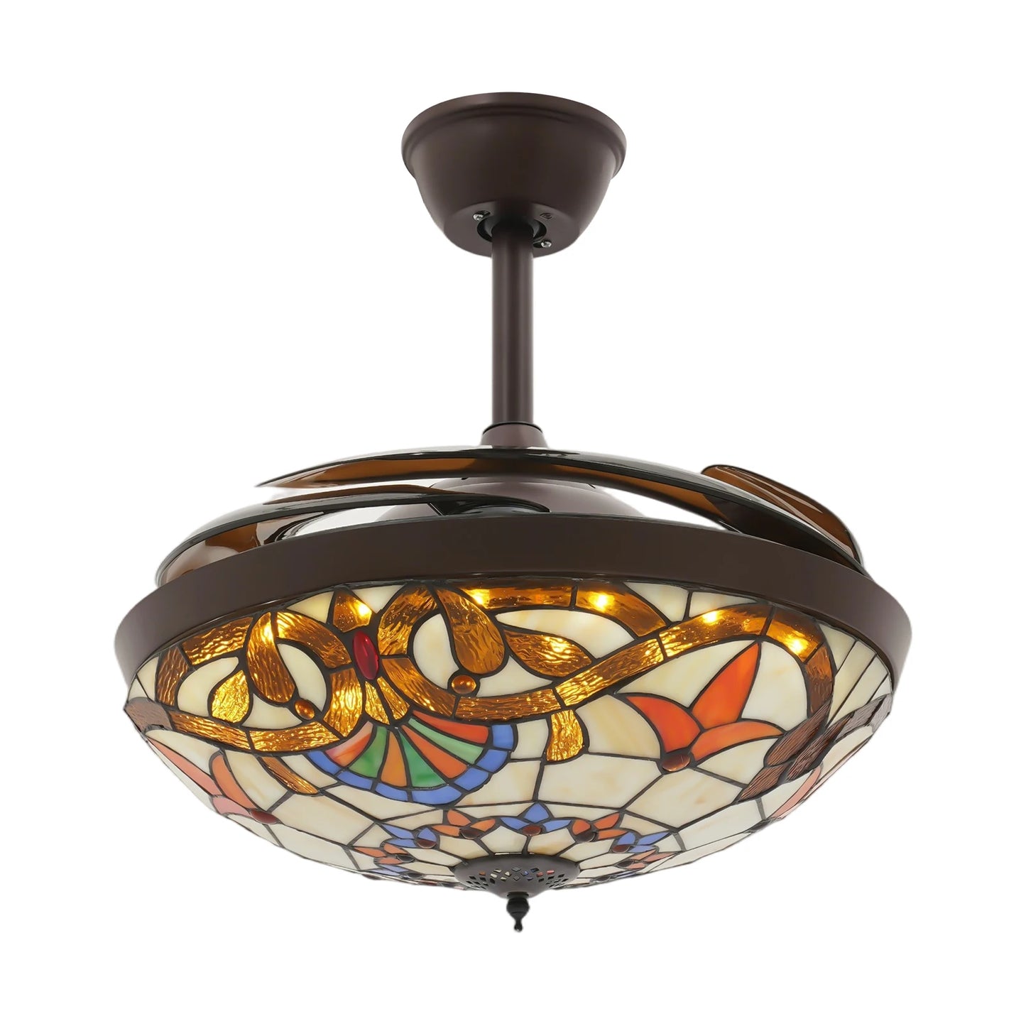 Ceiling Fan, 42 Inch Ceiling Fans, Fan Chandelier, Tiffany Style LED Ceiling Fan Light, Remote Control, 3-Color Dimmable, 6 Speeds, Reversible Quiet Pure Copper Motor, ABS Blades, Brown, Adjustable Rod, Home Living Room Bedro