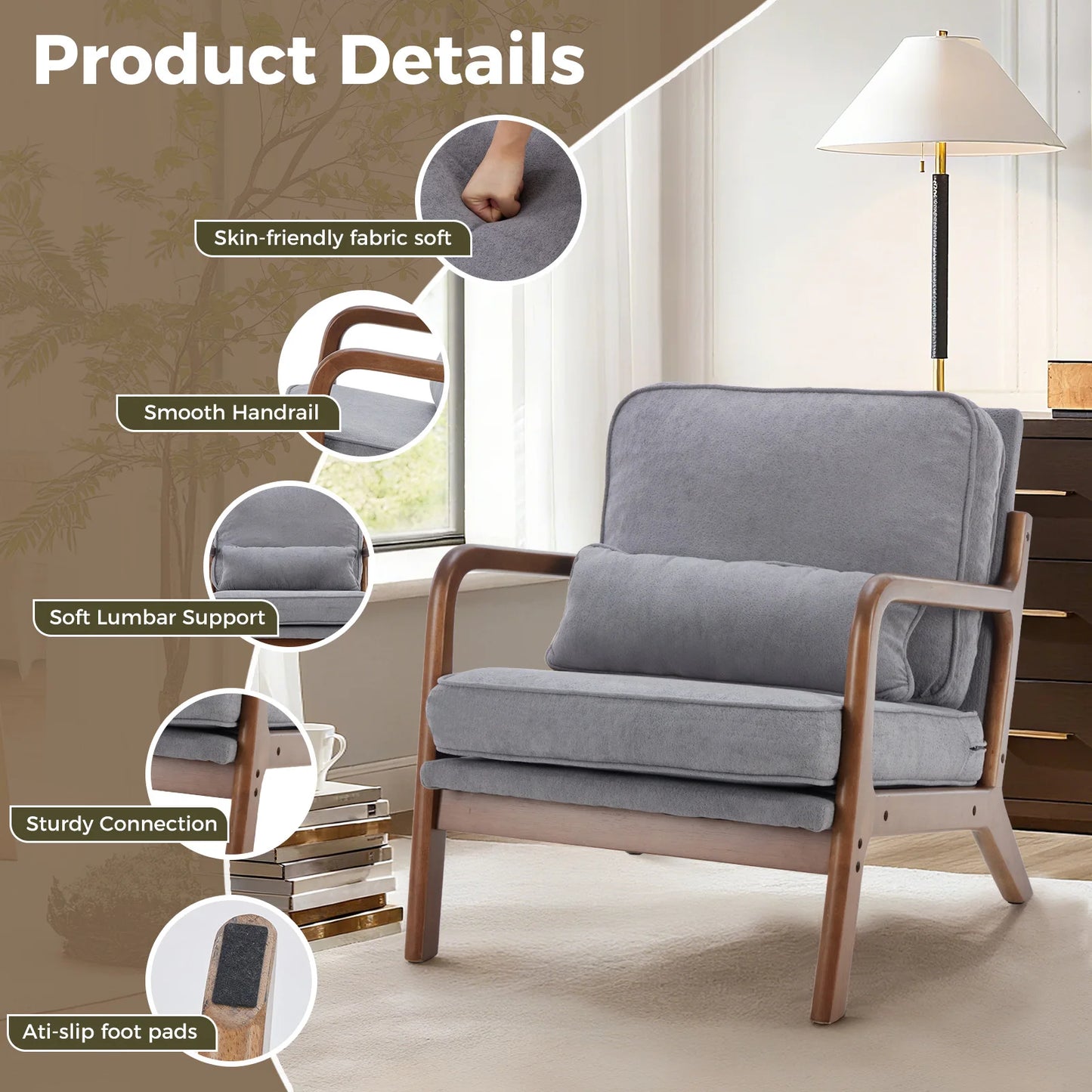 Jhk Mid Century Modern Wooden Frame Accent Lounge Chair
