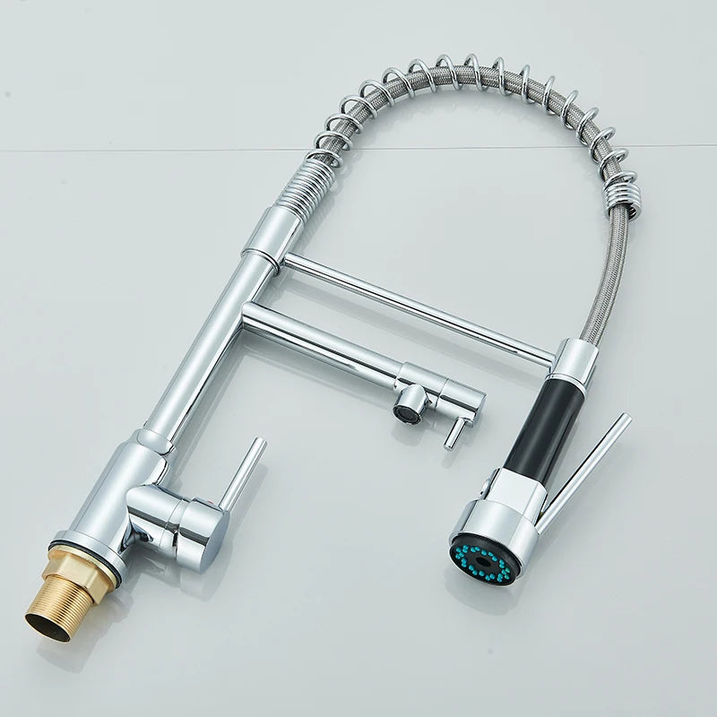Chrome Kitchen Faucet Spring 360° Pull Down Sprayer Hot Cold Water Mixer Tap Deck Mounted Dual Spout Nozzle Faucets Crane