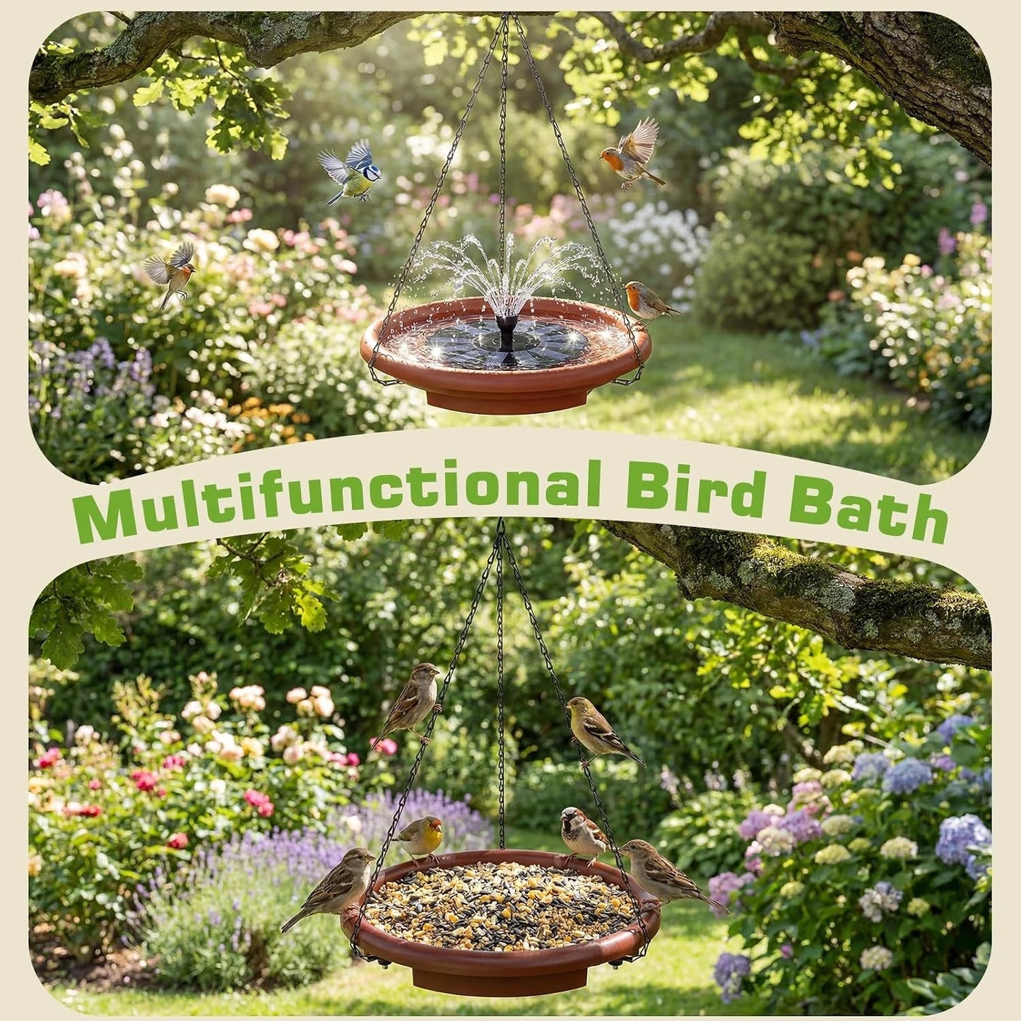 Solar Hanging Bird Bath With Quiet Water Fountain And Steps