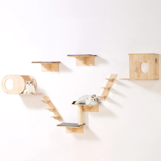 SucceBuy Wall Mounted Cat Shelves Wooden Perches And Hammocks
