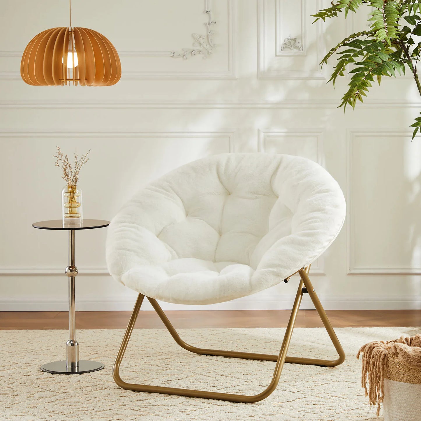 JHK Faux Fur Folding Saucer Lounge Chair With Metal Frame