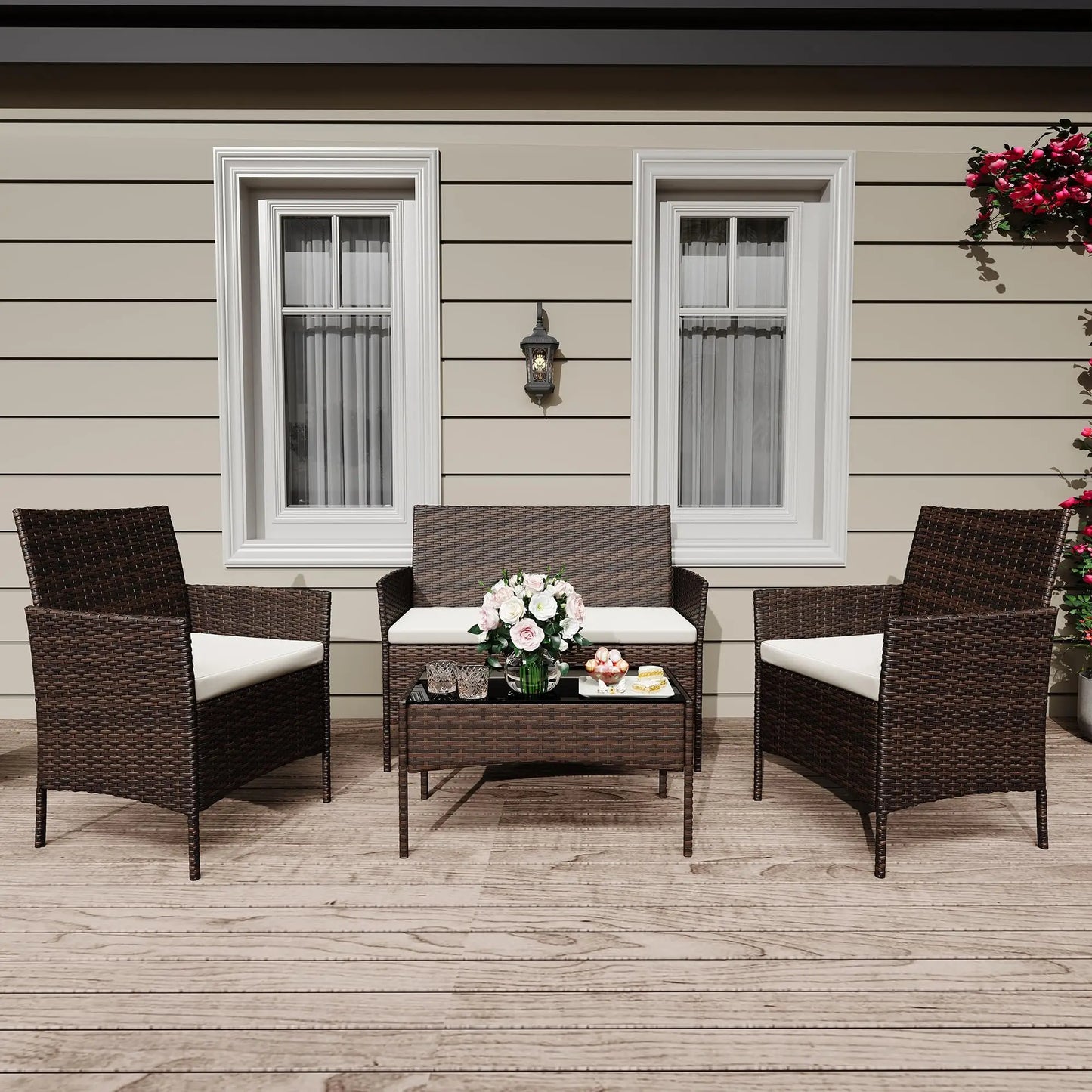 HiMISS 4 Piece Outdoor Rattan Patio Bistro Seating Set