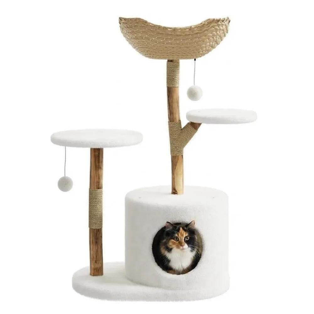 Sturdy Wooden Cat Tree Tower With Multi Level Rattan Perches