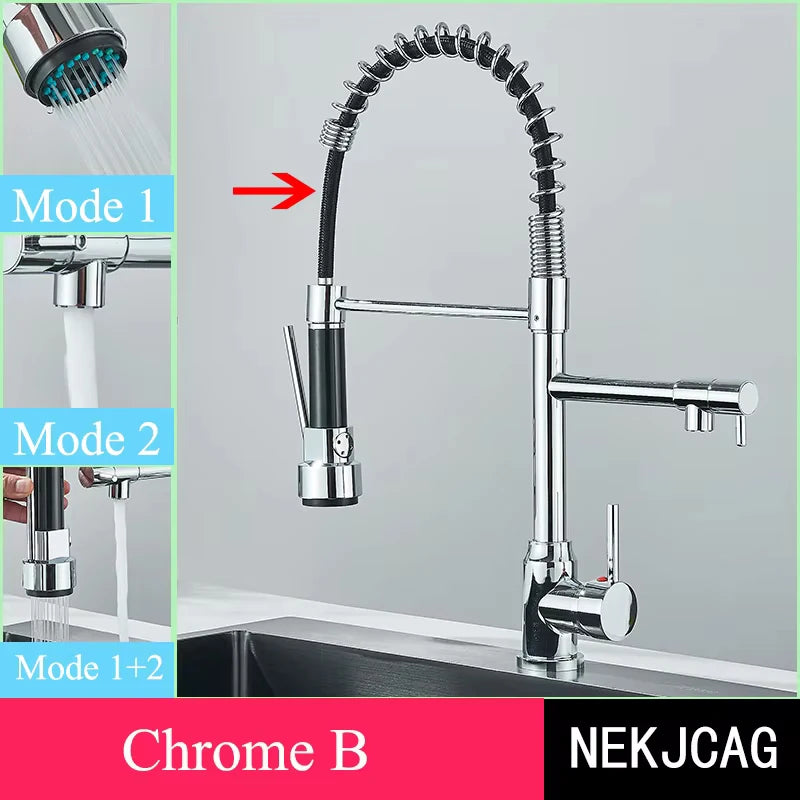 Chrome Kitchen Faucet Spring 360° Pull Down Sprayer Hot Cold Water Mixer Tap Deck Mounted Dual Spout Nozzle Faucets Crane