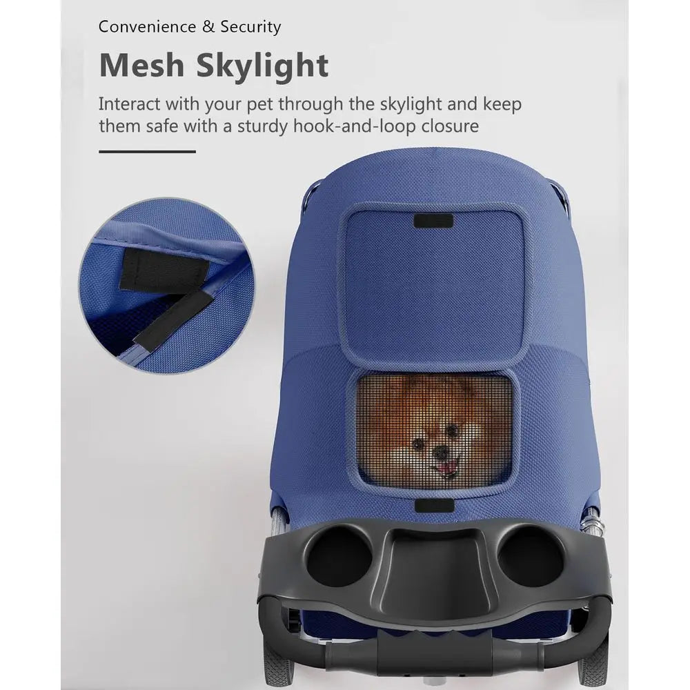 Three Wheel Foldable Pet Stroller With Rear Brakes And Storage