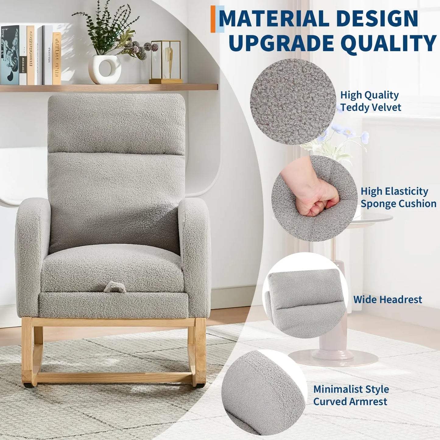 Modern Teddy Rocking Chair With Footrest For Bedroom And Nursery