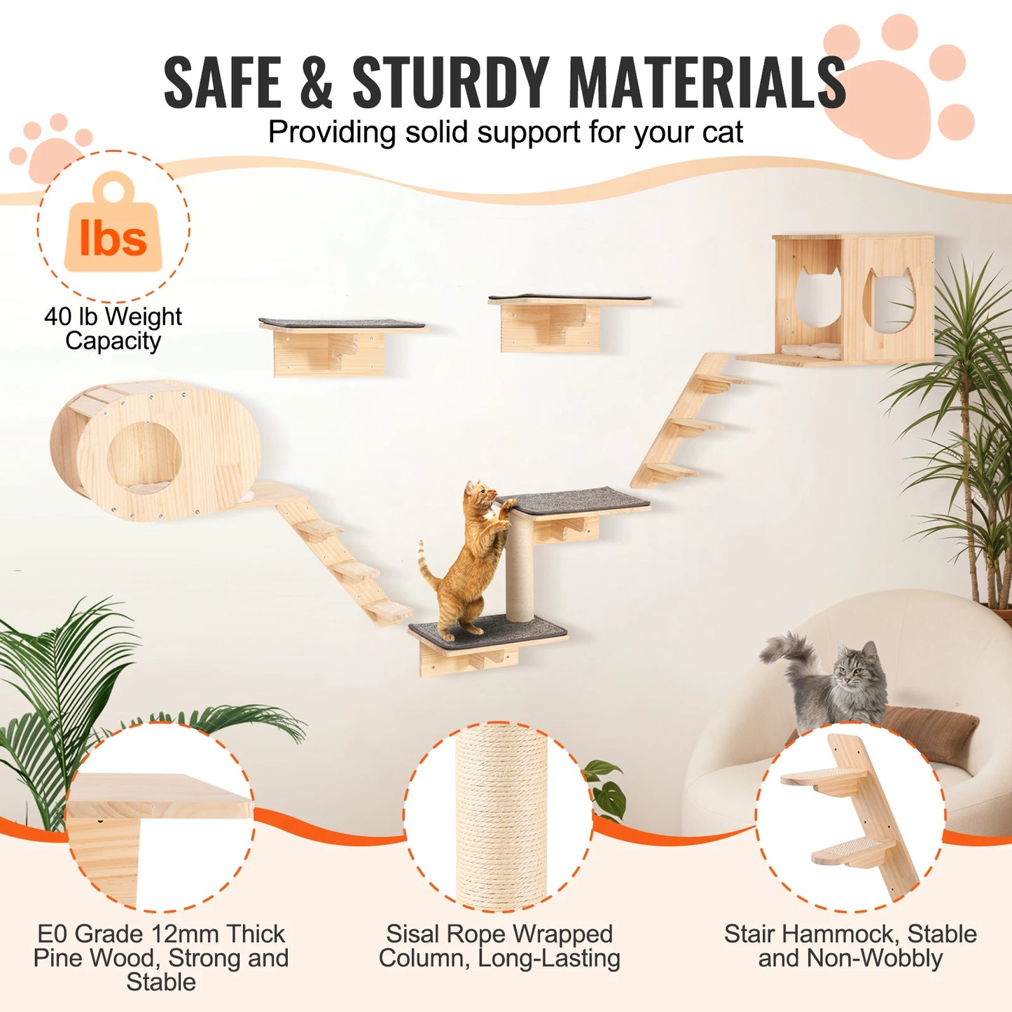 SucceBuy Wall Mounted Cat Shelves With Wooden Perches And Hammock