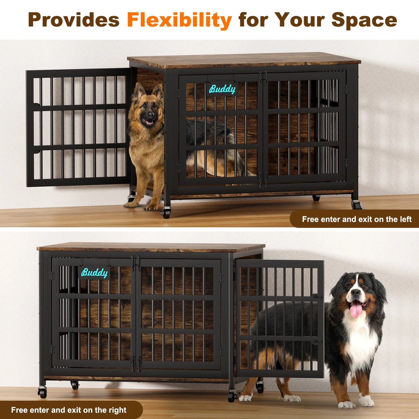 Heavy Duty Wooden Dog Crate Furniture Indoor Kennel With Casters