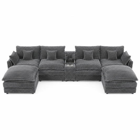 141" 7-Piece U-Shaped Sofa Set, Modular Sectional with Console, Coffee Table & 6 Pillows, for Large Living Room or Office