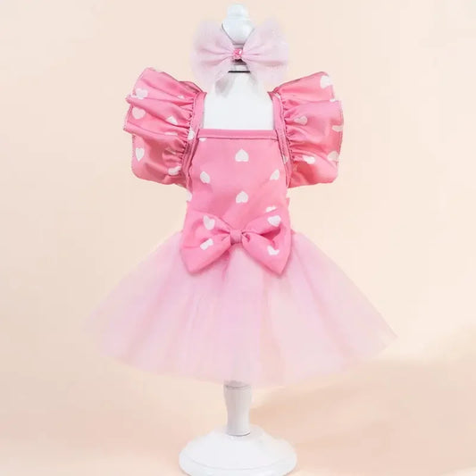 Printed Plaid Pet Princess Dress With Bow And Elastic Mesh