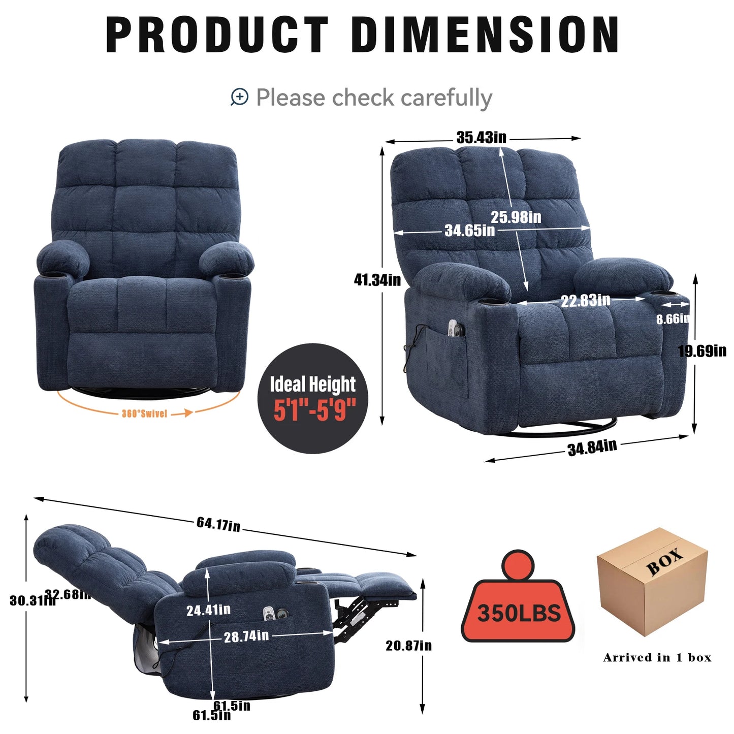 Metal Rocking Recliner Chair With Massage Heat And Cup Holders