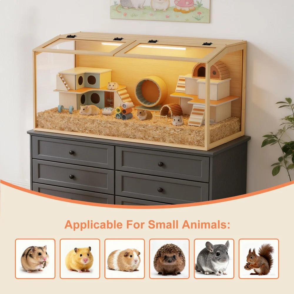 Wooden Hamster Habitat With Tempered Glass And Openable Roof