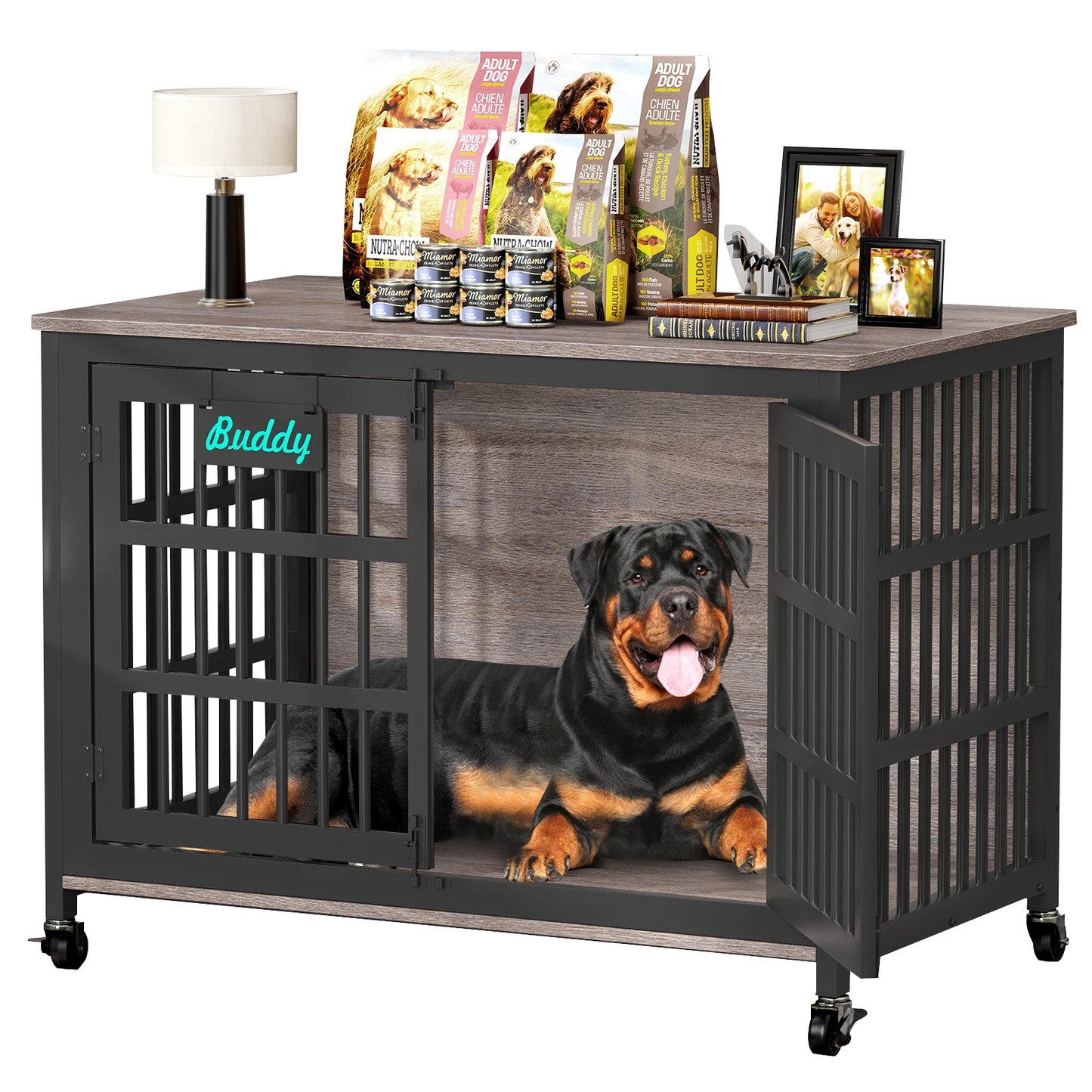Heavy Duty Wooden Dog Crate Furniture Indoor Kennel With Casters