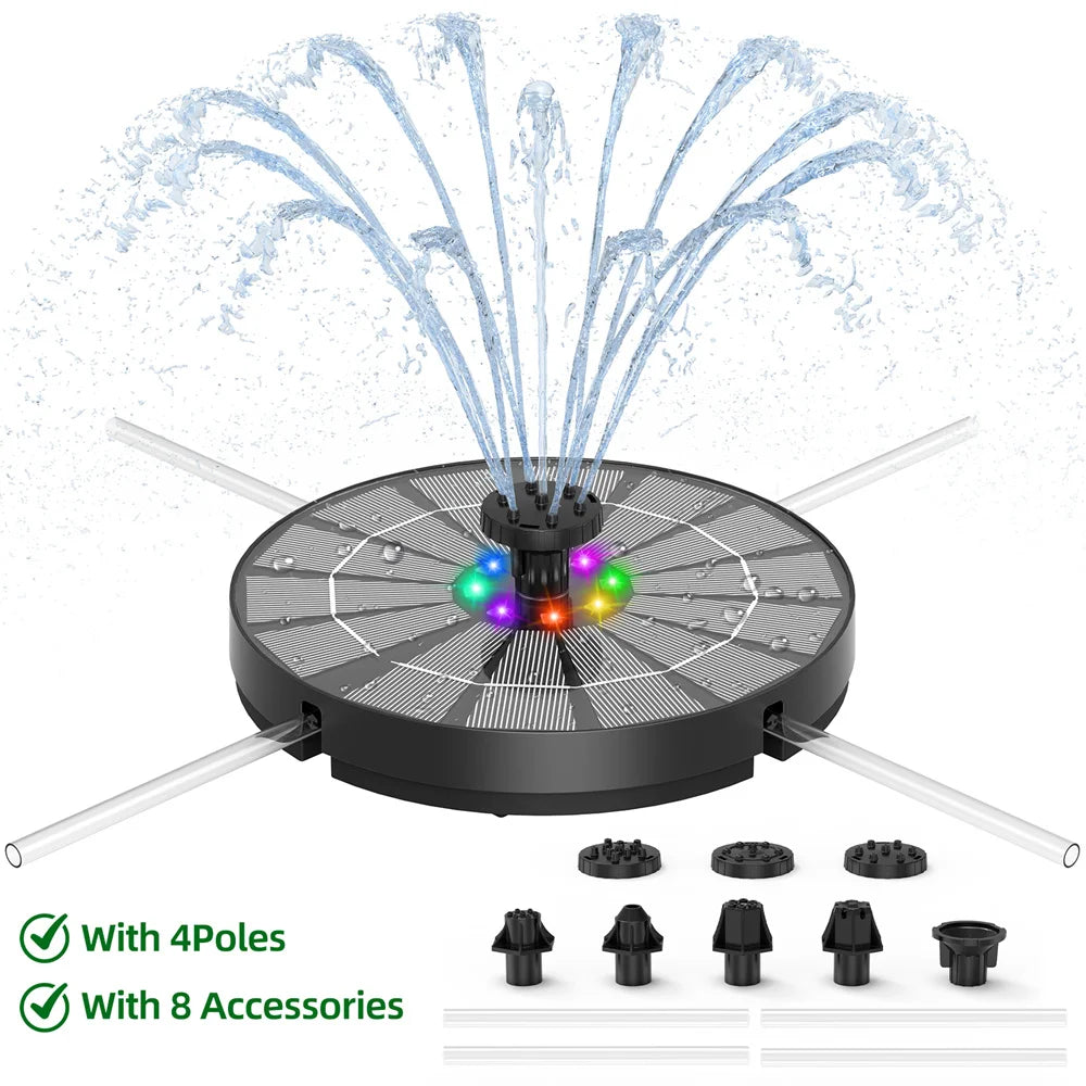 Solar Powered Fountain With 6 Nozzles Led Lights Garden Birds