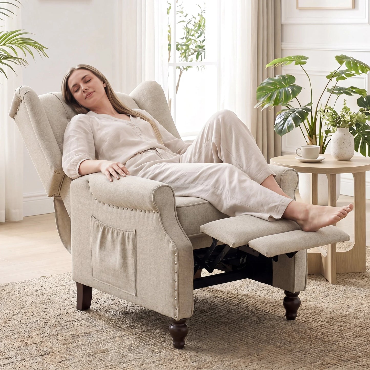 TCGBKAF Mid Century Wingback Massage Heated Recliner With Wooden Legs