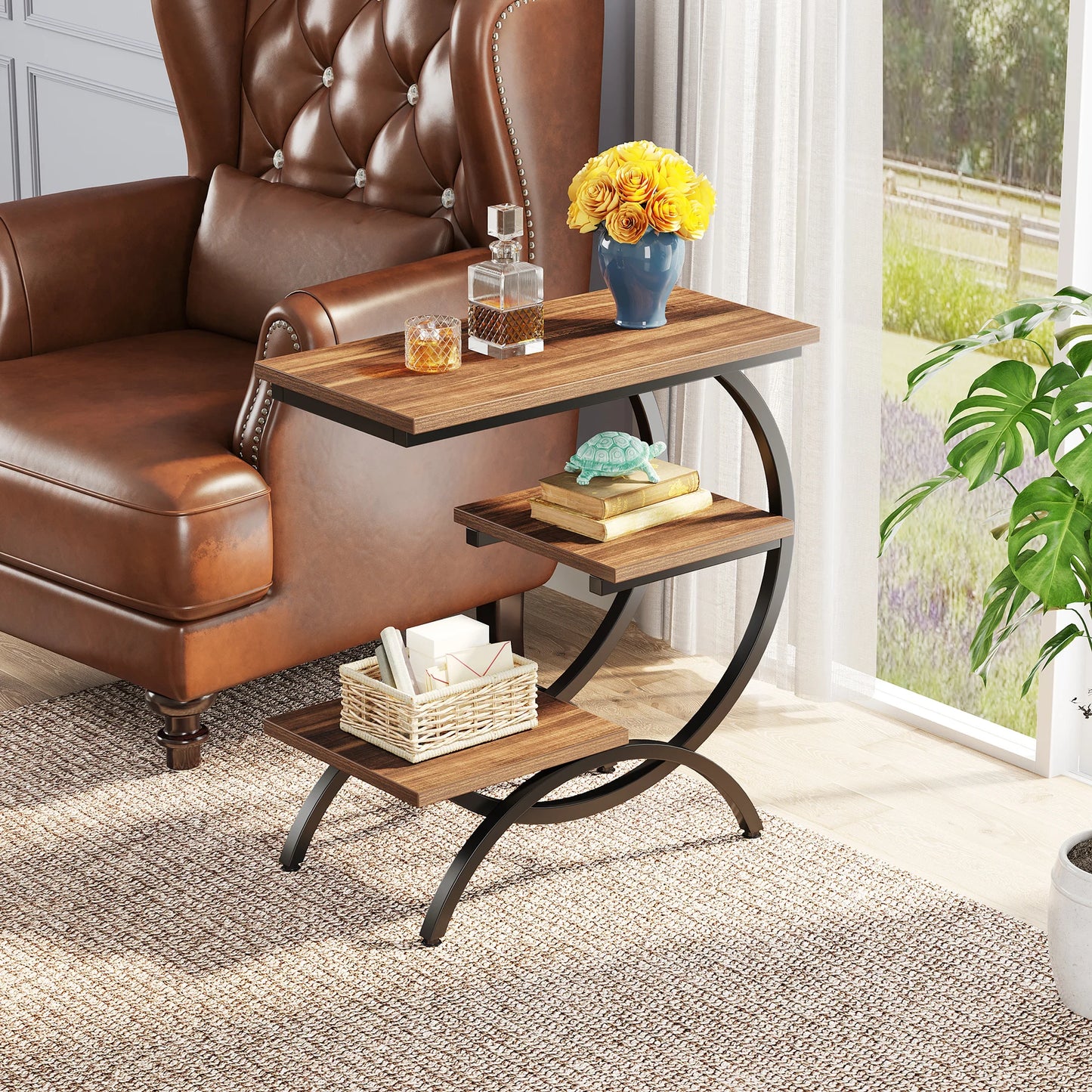 Tribesigns Industrial C Shaped Side Table With Storage Shelf