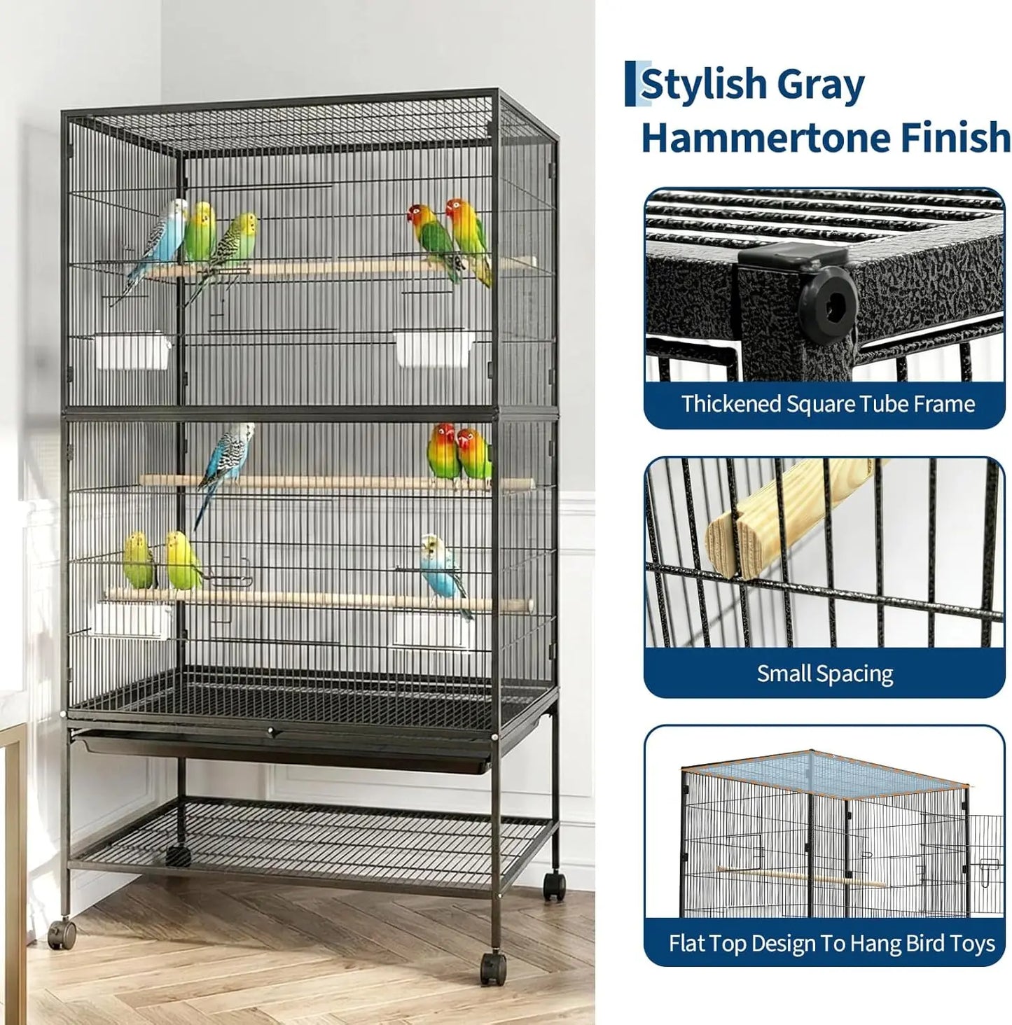 HiMISS Large Bird Cage With Rolling Stands And Bowls
