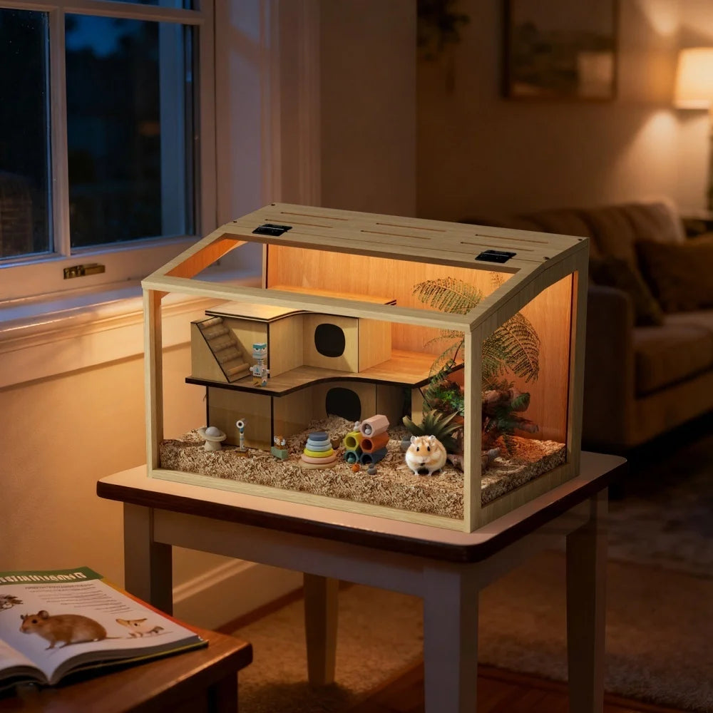 Wooden Hamster Habitat With Tempered Glass And Openable Roof