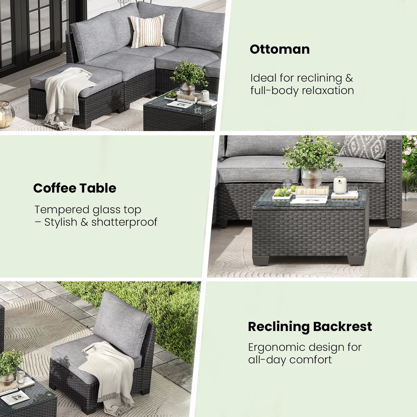 Outdoor Rattan Sectional Sofa Set With Stain Resistant Fabric Ottoman