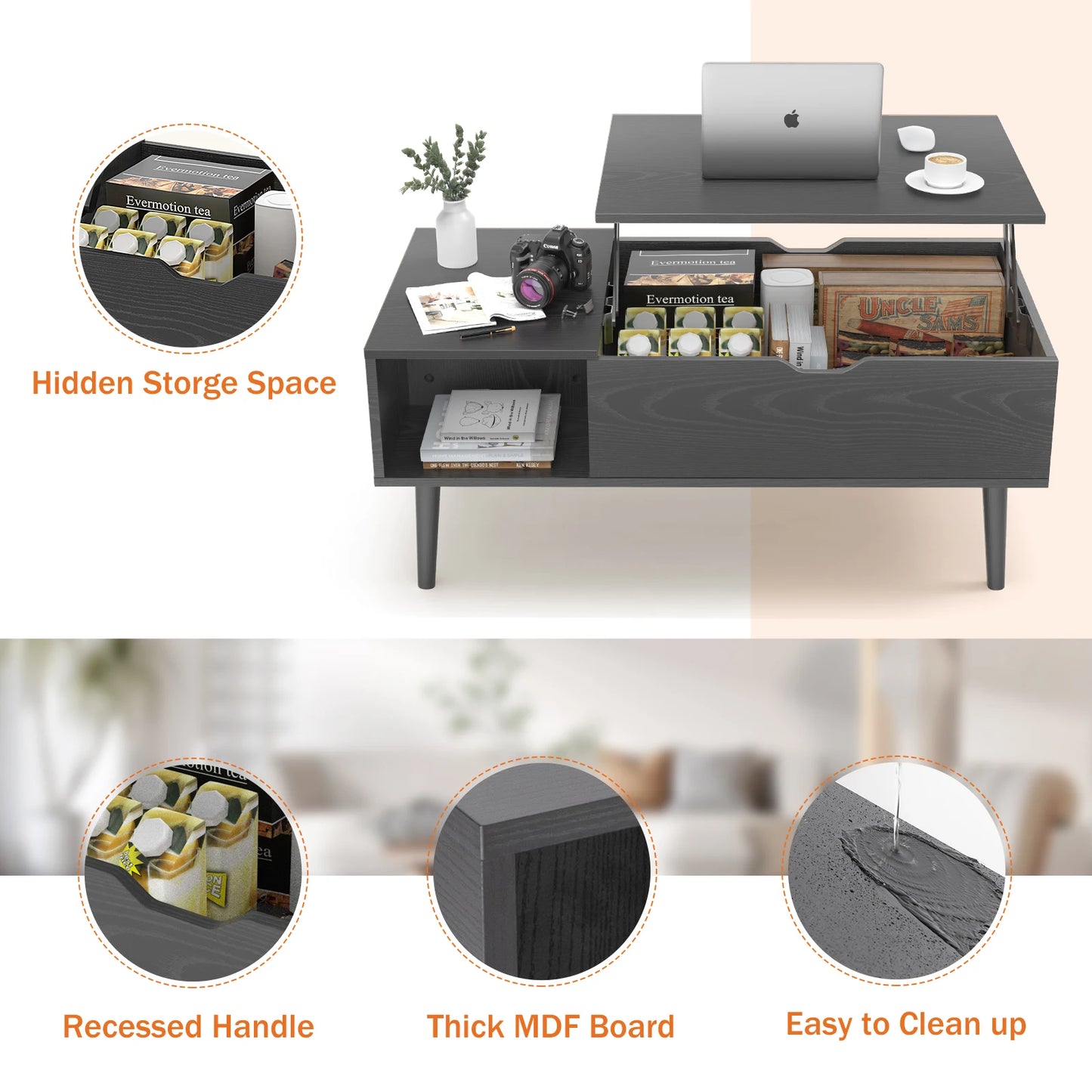 JHK Lift Top Coffee Table With Adjustable Storage Shelf