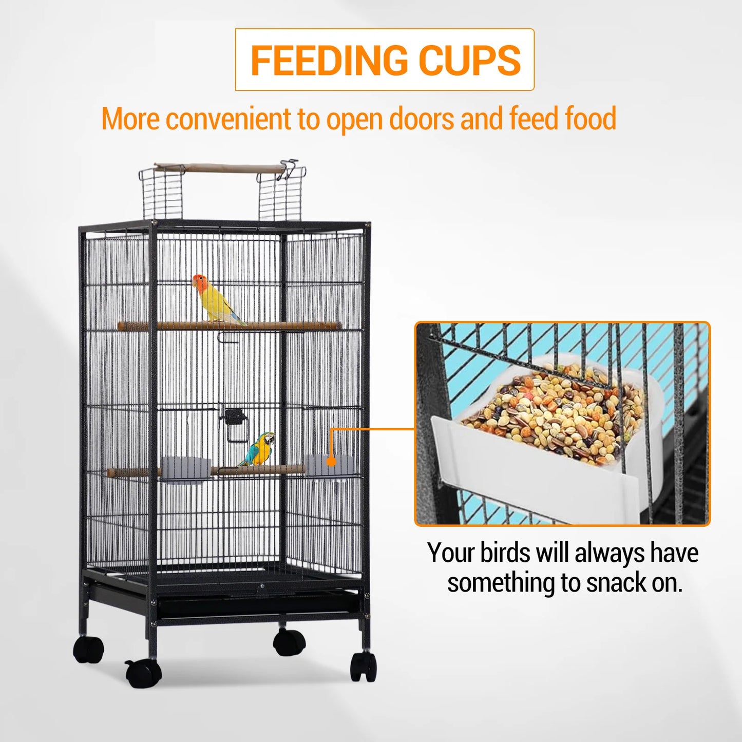 HiMiss Open Top Metal Bird Cage With Perches Wheels Tray