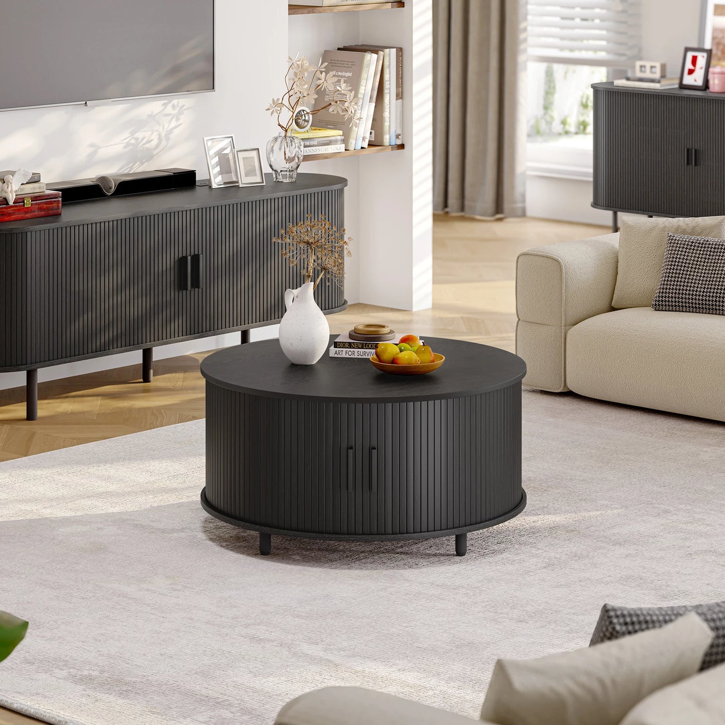 Onbrill Modern Fluted Round Coffee Table Featuring Sliding Storage Door