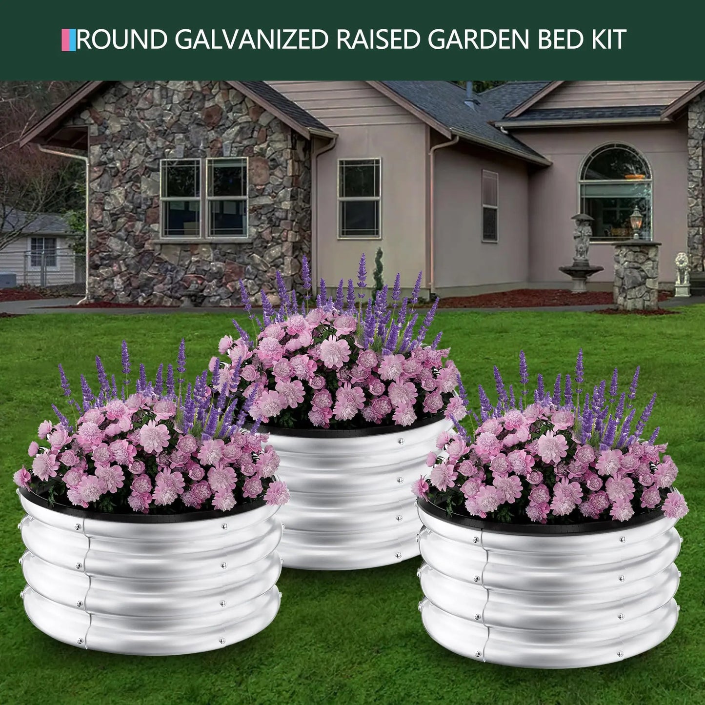 Galvanized Raised Garden Beds Outdoor, 3 Round Metal Planters (2x2x1Ft), Heavy Duty Flower Herb Vegetable Boxes, Open-Bottom