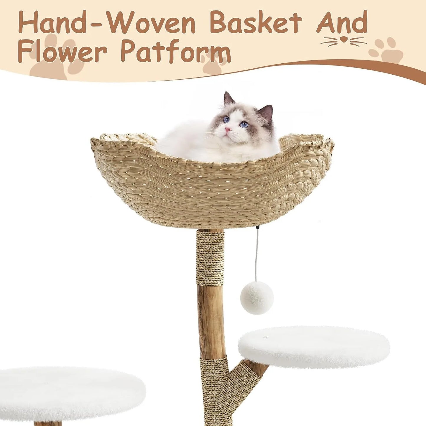 Sturdy Wooden Cat Tree Tower With Multi Level Rattan Perches