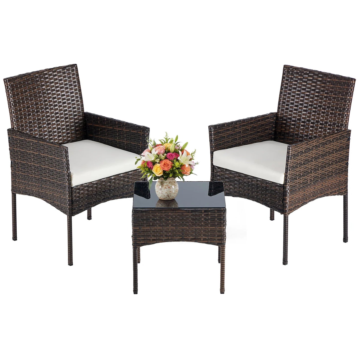 JHK Outdoor Wicker Bistro Set With Glass Table And Cushions