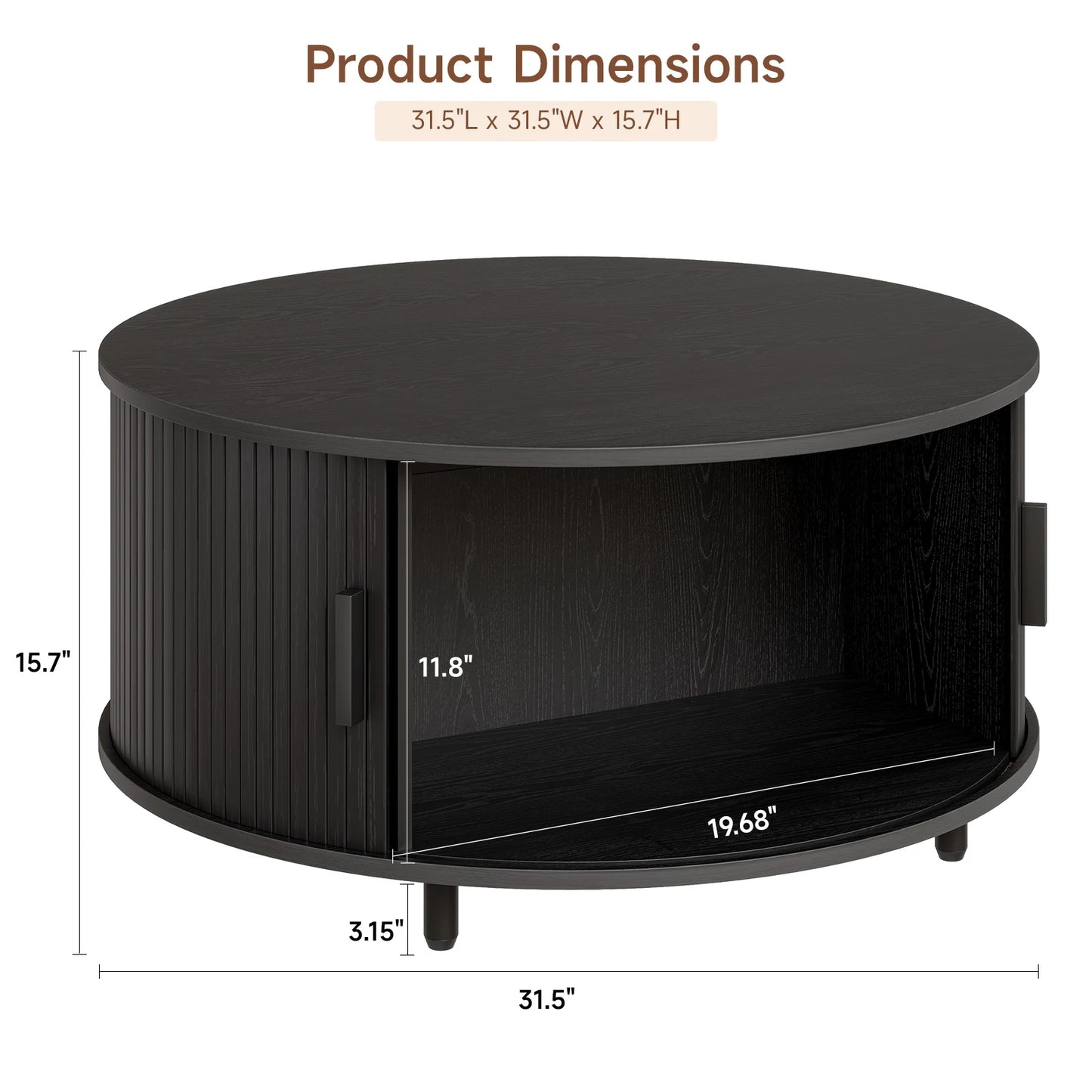 Onbrill Modern Fluted Round Coffee Table Featuring Sliding Storage Door