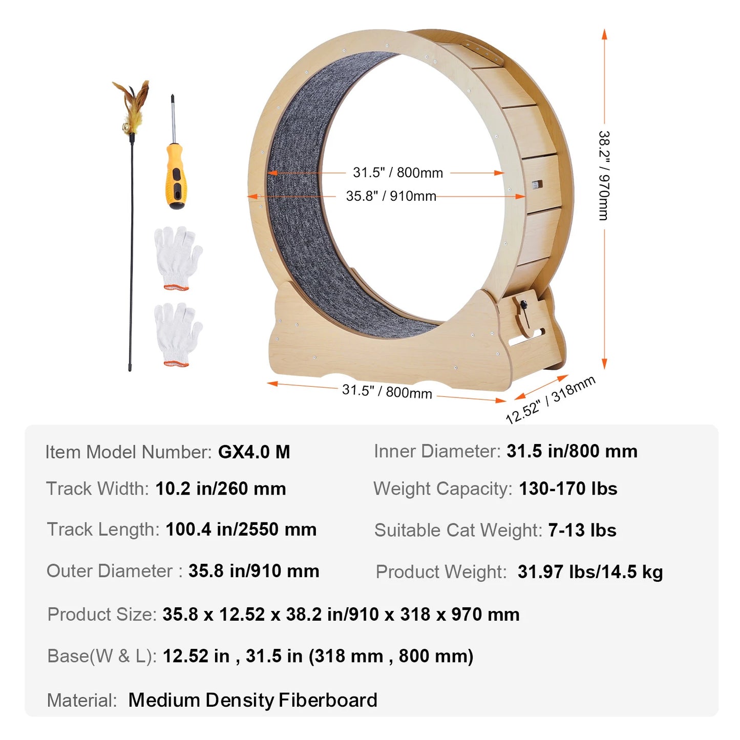 SucceBuy Wooden Cat Exercise Wheel With Detachable Carpet Cat Teaser