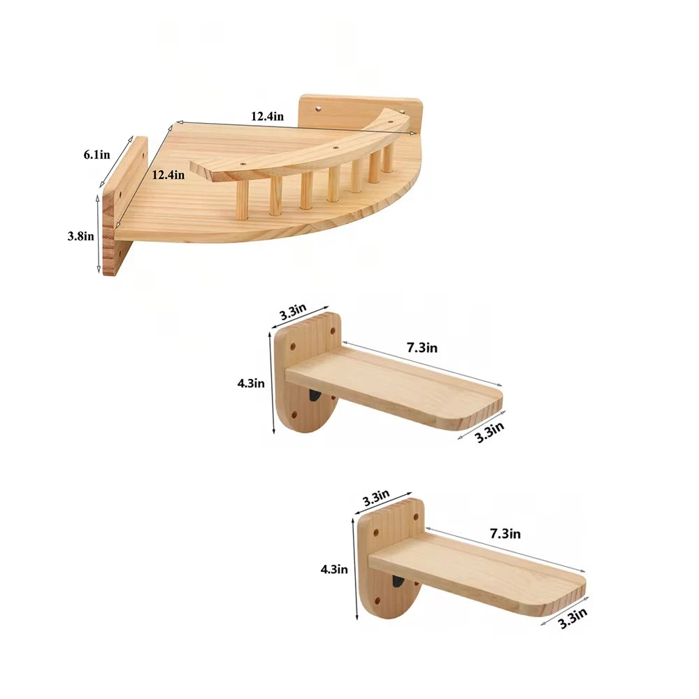CWV Pine Wood Wall Mounted Cat Tree With Steps Hammock