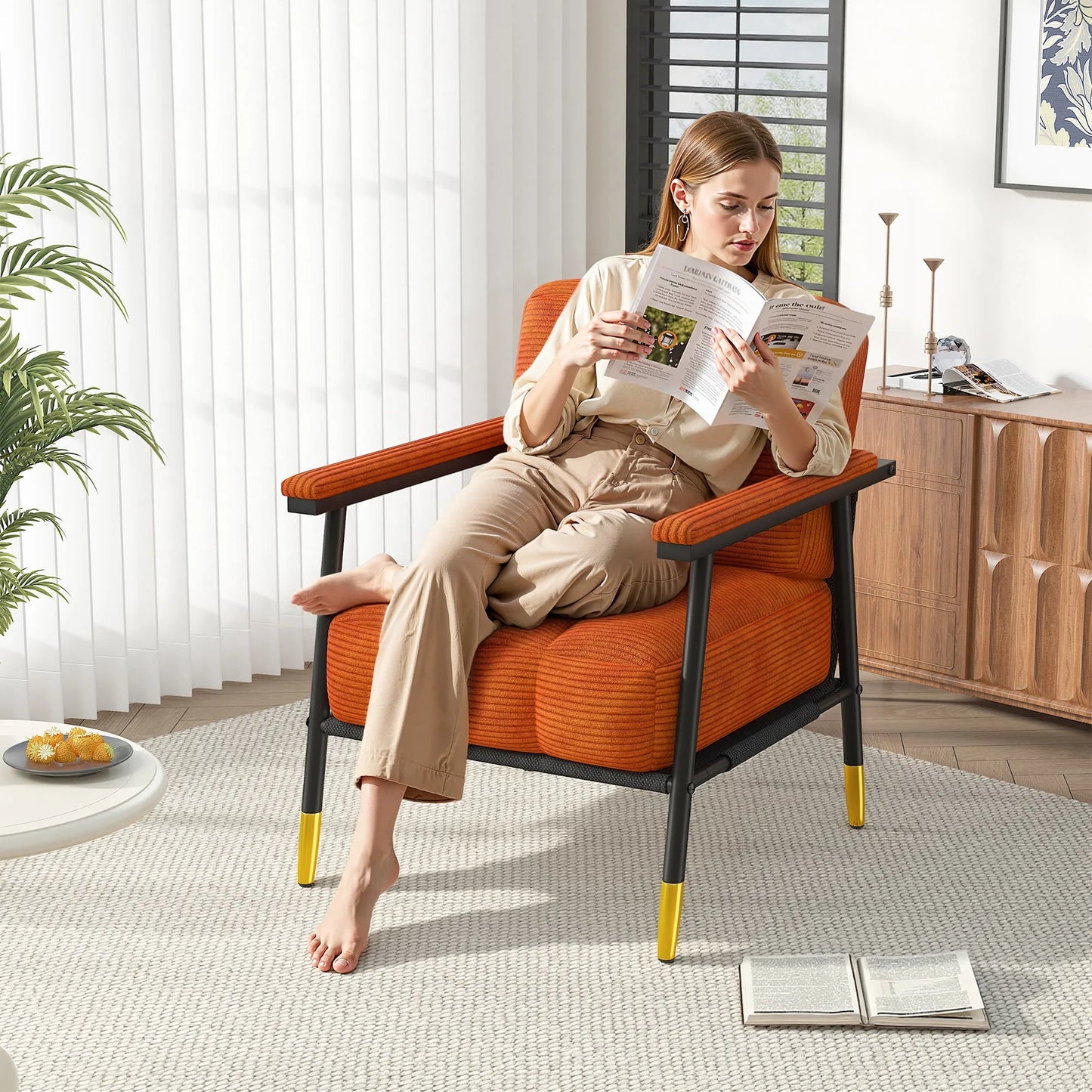EnHomee Modern Upholstered Armchair With Thick Cushion And Metal Frame
