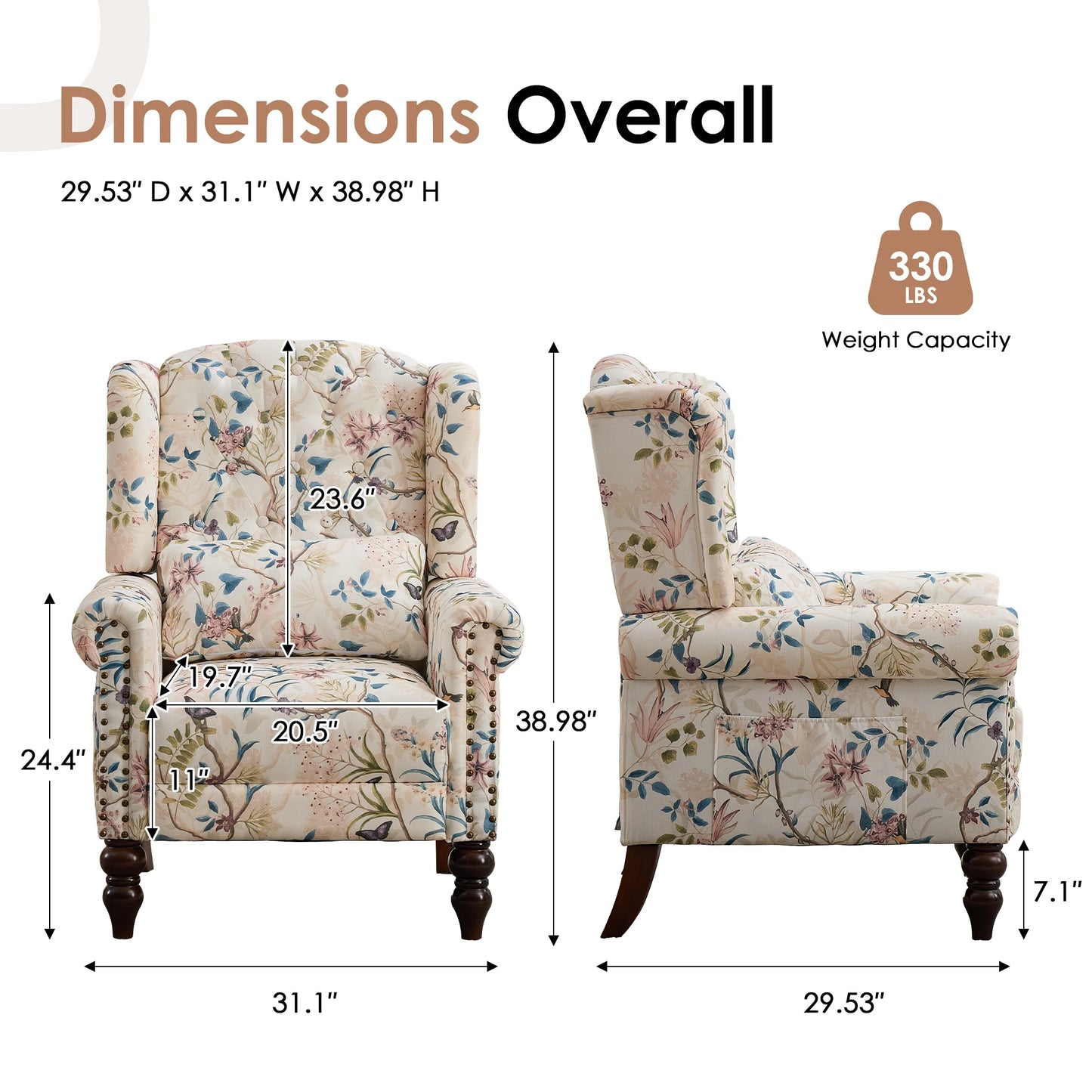 TCGBKAF Vintage Floral Wingback Accent Chair Mid Century Modern Armchair