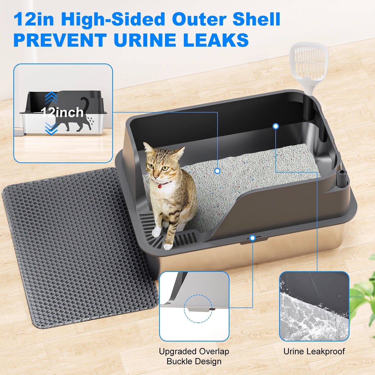 Stainless Steel Cat Litter Box,  Extra Large Splash-proof & Leak-proof Litter Box Suitable for Large Cats